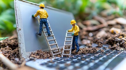 Tiny construction workers scaling a laptop screen in a natural setting