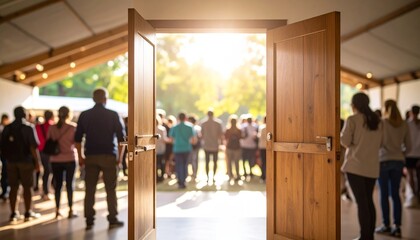 Fototapeta premium Homelessness Prevention concept. Open doors leading to a gathering with sunlight and people outside.