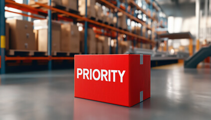 Red box labeled “PRIORITY” stands prominently on the floor of a warehouse, emphasizing urgency in logistics and shipping