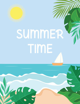 Summer time. Perfect background on the theme of season vacation, weekend, beach. Vector illustration in minimalistic style for posters, cover art, flyer.