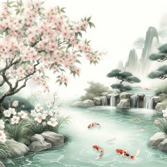 A Japanese garden with koi pond, fish, flowing water, waterfall, and blooming cherry blossoms, ink and watercolor painting, wallart