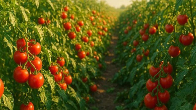 Plantaciones de tomates en M&eacute;xico al atardecer. Desarrollo agr&iacute;cola y exportaci&oacute;n de tomates

