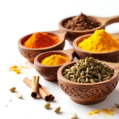 Artistic Wooden Bowls with Vibrant Turmeric, Mustard Powder, Dark Spices, Cardamom, and Cinnamon on Minimal Background