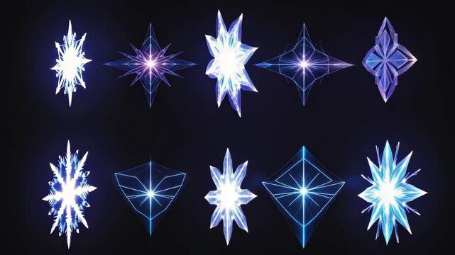 Footage presents collection of stylized snowflakes. Set of geometric ice crystal designs in blue and white, ideal for winter, Christmas, and holiday themed projects.
