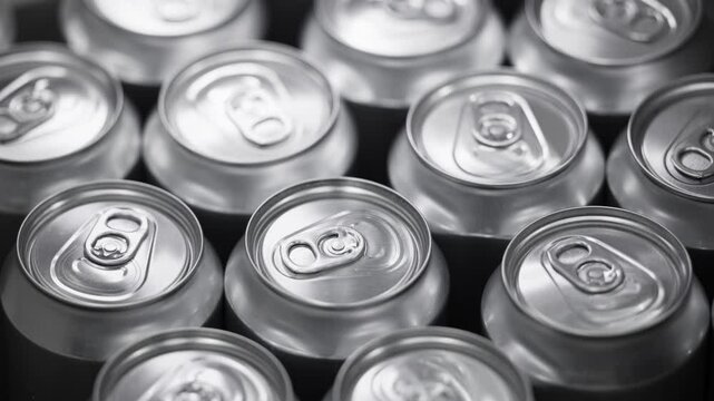 Aluminum craft beer cans at brewery, Top view.