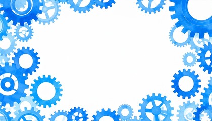 Gears engineering mechanics industrial watercolor concept. Blue gears forming a decorative border on a plain background.