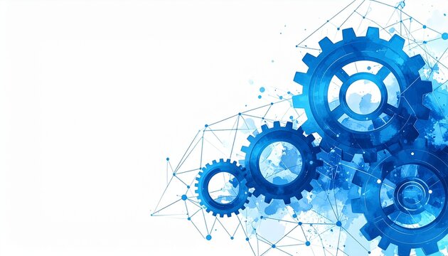 Gears engineering mechanics industrial watercolor concept. Abstract blue gears on a white background with geometric shapes.