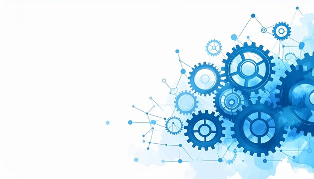 Gears engineering mechanics industrial watercolor concept. Abstract gears with a blue color scheme on a light background.