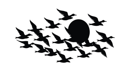 A flock of birds at sunset. Vector abstract silhouette of flying birds Pattern of sunrise and geese or ducks