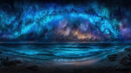 Fototapeta premium A vibrant panoramic view of a night beach scene with a spectacular celestial display