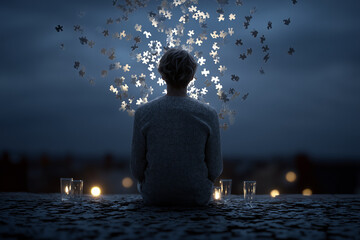 Person Dissolving into Puzzle Pieces under the Night Sky