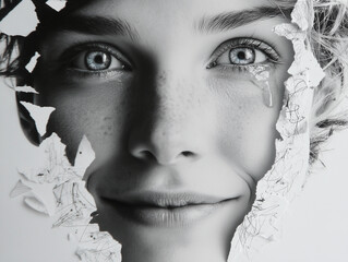 A cracked face revealing raw emotion and a teardrop, symbolizing hidden pain, trauma, or the mask people wea