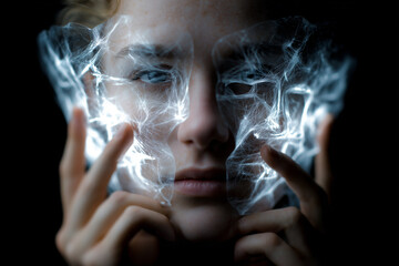 A person pulls away a translucent digital mask, revealing hidden identity or psychological struggles.
