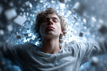 A young person floats in a digital space surrounded by cubes, symbolizing mental dissociation, digital fatigue, or emotional escape.