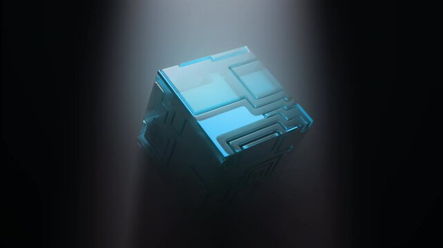 Futuristic blue rotating cube. 3D animation of a realistic cube illuminated on a black background. Motion design of a futuristic cube. Abstract background of a realistic rotating cube.