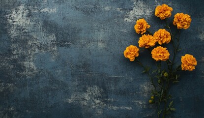 Bright yellow flowers on a textured dark blue background.  A cluster of marigolds  arranged in a corner on a distressed surface