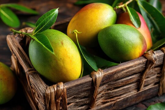 Haden mangoes on wooden table in basket, summer freshness, garden background