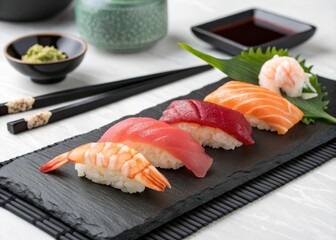 Savor authentic sushi set featuring tuna salmon and shrimp on a black slate plate in a minimalist environment