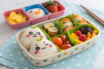 Fun bento preparation for kids creating adorable onigiri characters and colorful side dishes at home for engaging mealtime experiences