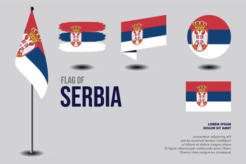 Set of Serbia flag in 5 designs: flag on pole, brush stroke, skew, round and standard. vector, flat, isolated on grey background. Perfect for various design projects