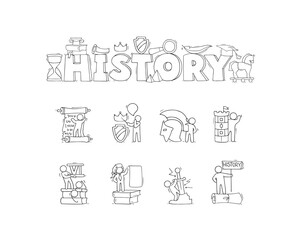 History education, school subject. History class icons with books, ancient documents, scroll and feather. Cute doodle men learning school lessons, vector hand drawn illustration