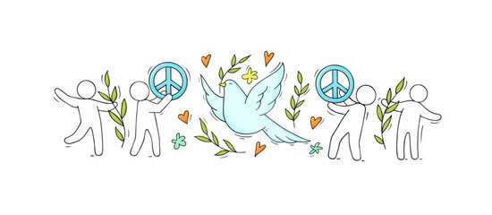 International peace day poster with dove, olive branch and happy people. Vector hand drawn illustration of flying pigeon, symbol of freedom, hope and friendship. Doodle sketch with bird and pacifists