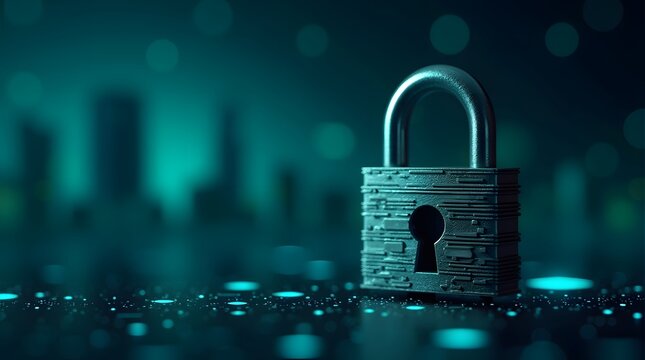 A futuristic padlock sits on a shimmering surface, symbolizing security and digital protection. - Powered by Adobe