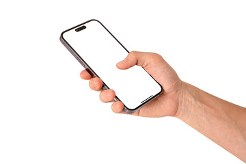Hand using smartphone with blank screen isolated.