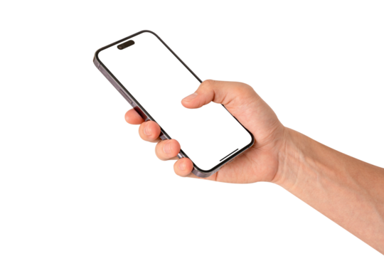 Hand using smartphone with blank screen isolated.