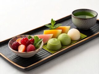 Elegant japanese dessert platter featuring anmitsu fruit mochi and green tea jelly in a serene setting