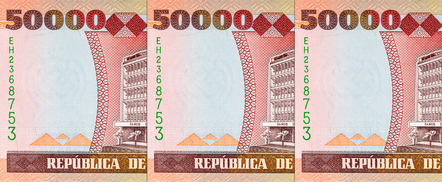 Mozambique 50000 Meticais 2003 banknote with the image of the Banco de Mocambique building in Maputo. Mozambican money