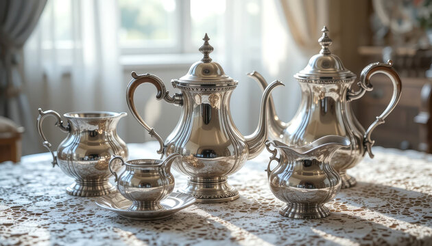 gleaming sterling silver tea set on a delicate lace tablecloth in a sunlit room - Powered by Adobe