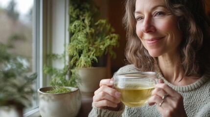 Middle-aged woman with a warm smile, enjoying a moment of relaxation holding a cup of tea