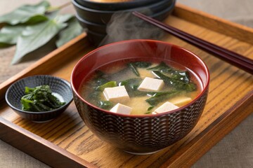 Savoring miso soup in lacquerware bowl with tofu and wakame japanese cuisine food presentation cozy atmosphere close-up viewpoint culinary delight