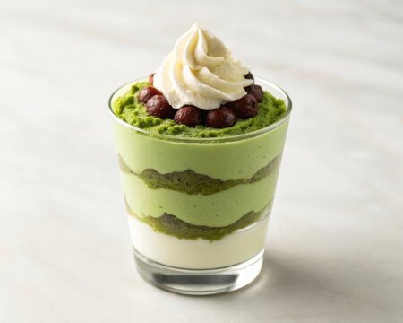 Creating a delicious matcha parfait with mochi anko and whipped cream in a glass for a refreshing dessert experience