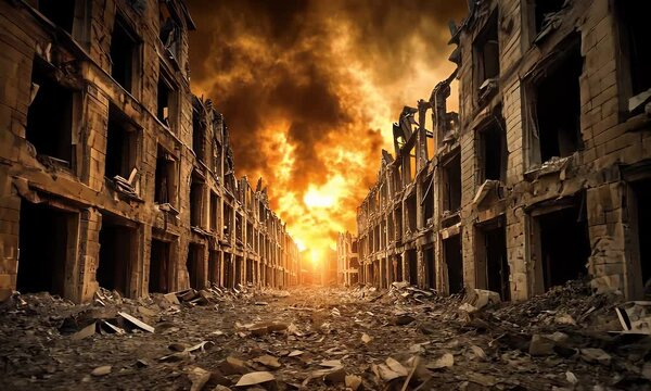 Post apocalyptic urban street destruction scene