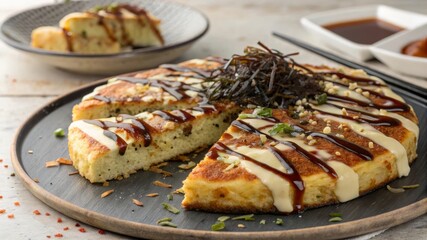 Savoring okonomiyaki pancake delight japanese cuisine food platter kitchen setting top-down view mouthwatering experience prepared with sauce mayo and seaweed flakes