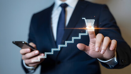 Businessman Using Smartphone with Digital Shopping Cart and Sales Growth Concept on Virtual Interface