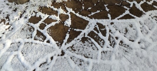 Spring snow on the ground. A sudden snowfall partially covered the ground with a white blanket. A garden path is laid out on the ground with cement tiles, and there is snow between the tiles.