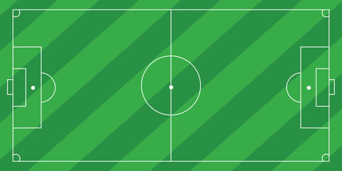 Soccer field vector illustration. Green grass pitch with white lines, goals, and corner markings for football games and competitions. © Ubay