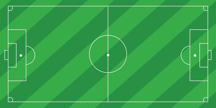 Soccer field vector illustration. Green grass pitch with white lines, goals, and corner markings for football games and competitions.