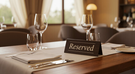 Elegant dining table set with reserved sign and wine glasses  