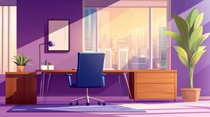 Window in office room for work on computer background design. Modern indoor corporate workplace furniture for cabinet with monitor, table, plant and purple wall. 