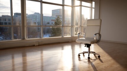 Fototapeta premium Minimalist office space with a sleek chair, bathed in daylight. Elegance and simplicity in modern workspace design. 