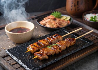 Grilling yakitori skewers over charcoal in a traditional japanese setting with dipping sauce on a rustic table