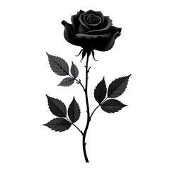 Realistic black rose illustration with layered petals and botanical leaves detailed high resolution picture