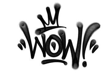 Bold black graffiti tag “Wow!” with expressive handstyle lettering, created using aerosol spray paint. Perfect for urban, street art culture, youth, and edgy design projects.