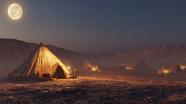 147. Desert campsite with ambient lighting and tents