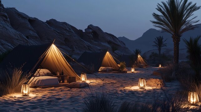 147. Desert campsite with ambient lighting and tents