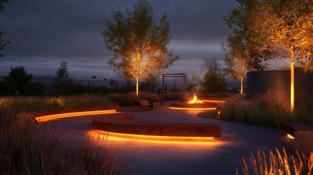 149. Campfire site with ambient lighting and benches